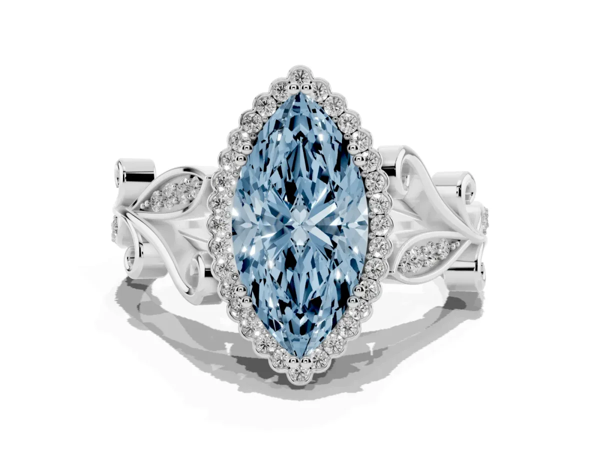 Fancy Blue Marquise Cut Diamond Halo Ring with Vintage Split Shank and Four-Prong Setting Silver