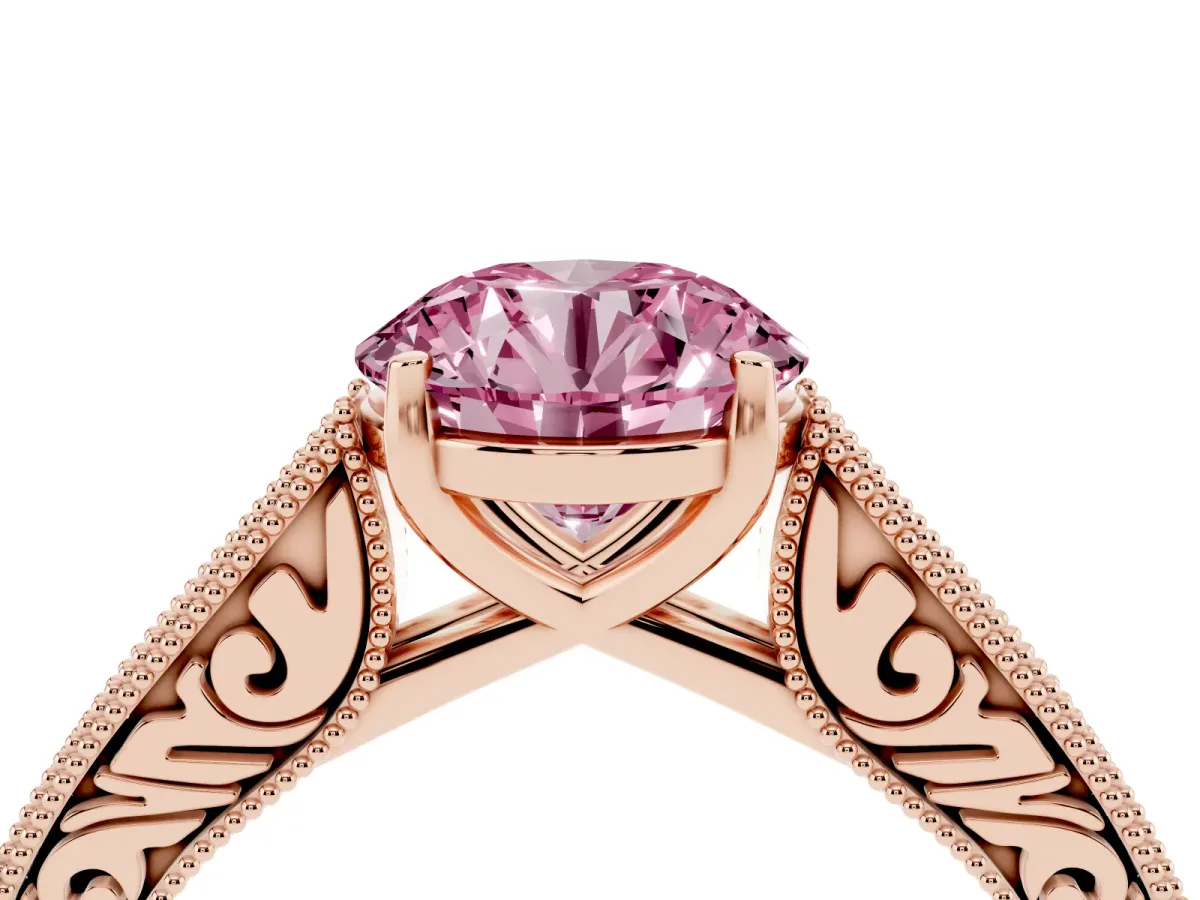 Fancy Pink Round Cut Cut Pave Band Milgrain Solitaire Ring Rose gold