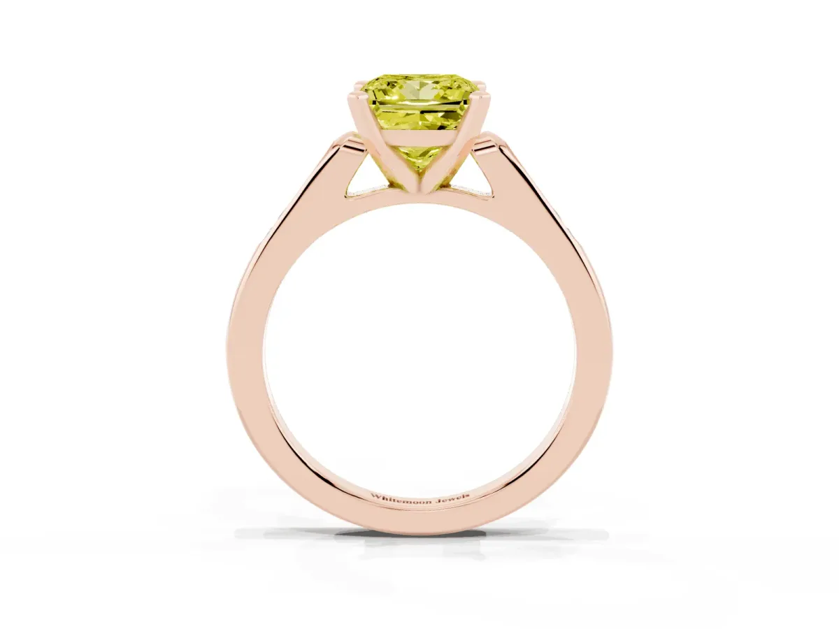 Fancy Yellow Princess Cut Diamond Solitaire Ring with Channel Set Round Band and Prong Setting Rose gold