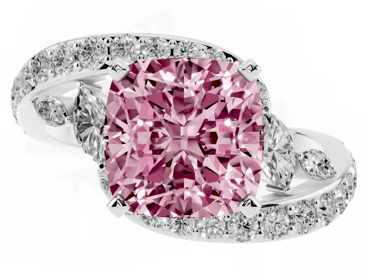 Fancy Pink Cushion Cut Solitaire with Pavé Twist Band and Four-Prong Setting Platinum