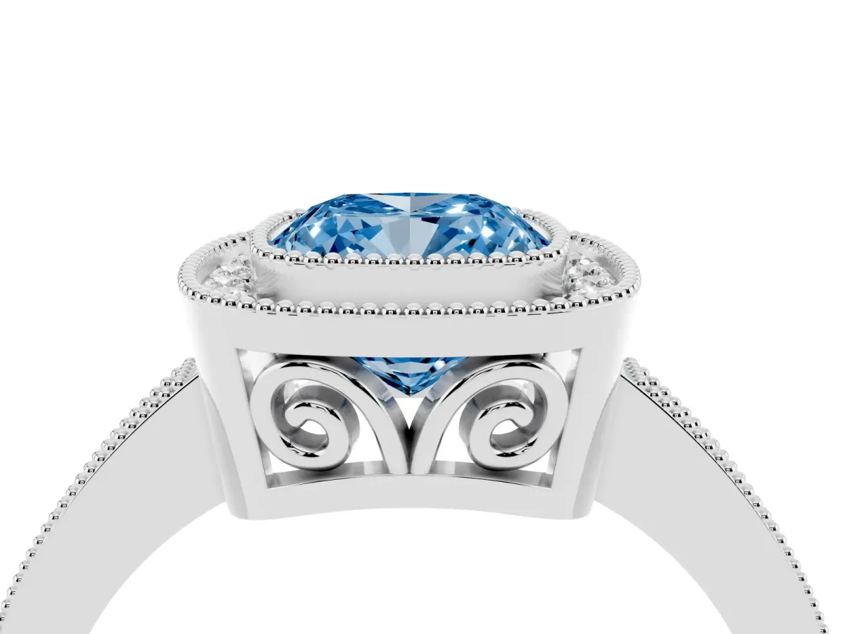 Fancy Blue Cushion Cut Cut Halo Diamond Ring with Pavé Band and Milgrain Prong Setting Platinum