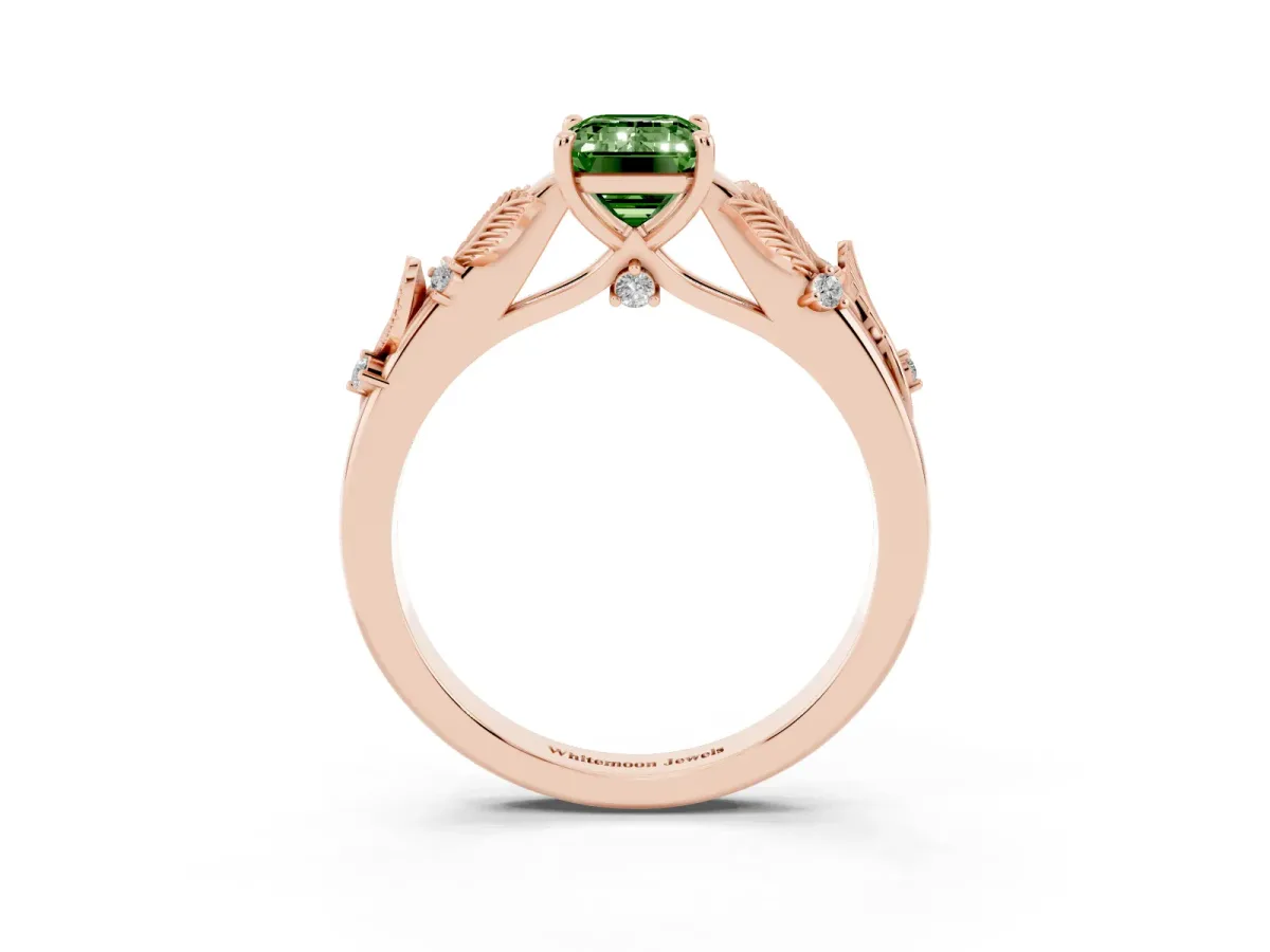 Fancy Green Emerald Cut Diamond Solitaire Ring with Leaf Motif Band and Four-Prong Setting Rose gold