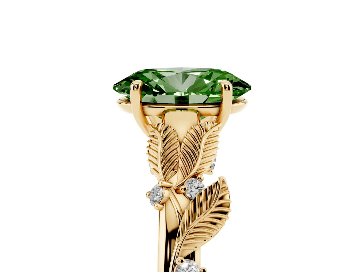 Fancy Green Oval Cut Diamond Solitaire Ring with Leaf Motif Band and Four-Prong Setting Yellow gold