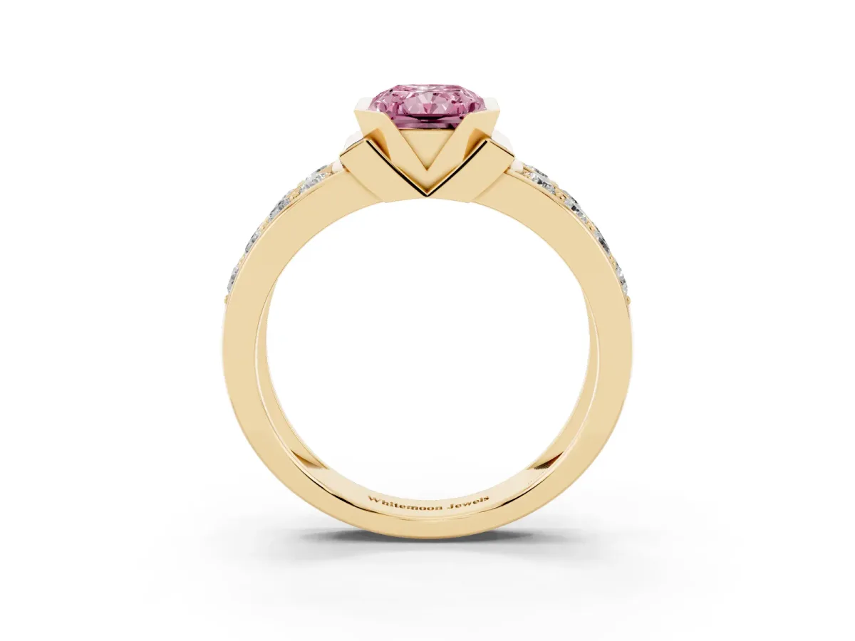 Fancy Pink Radiant Cut Brilliant Diamond Channel Set Wide Band Ring with Bezel Setting Yellow gold