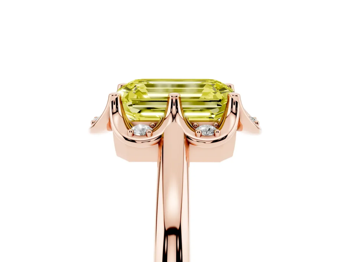Fancy Yellow Emerald Cut Halo Diamond Ring with Round Cluster Setting, Solitaire Band, and Four-Prong Setting Rose gold