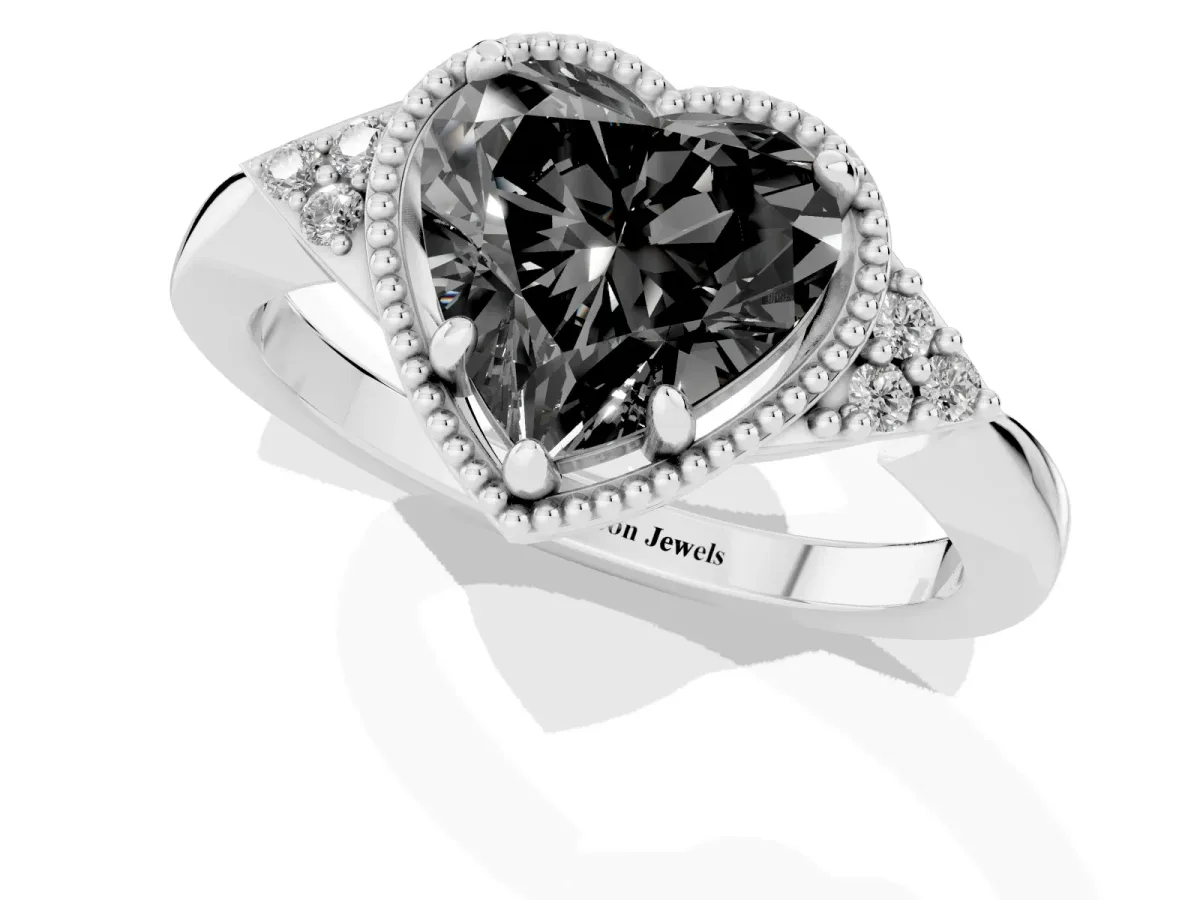 Fancy Black Hexagonal Halo Heart Cut Diamond Solitaire with Pavé Band and Four-Prong Setting Silver