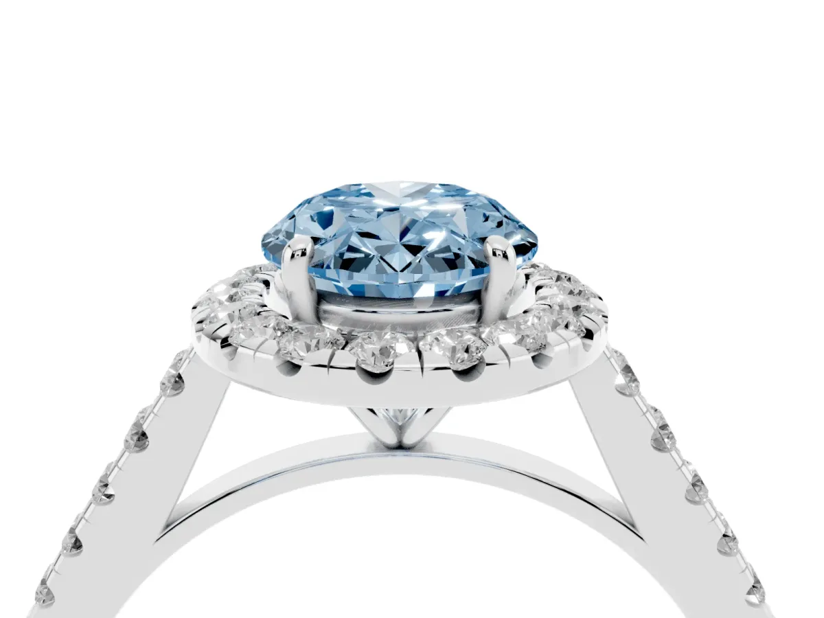 Fancy Blue Oval Cut Halo Pave Diamond Engagement Ring with Four-Prong Setting Silver