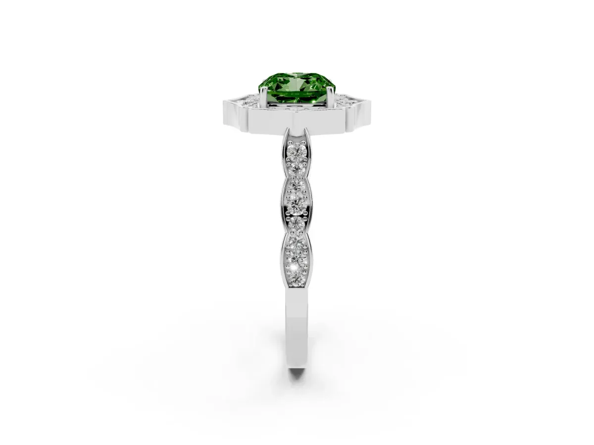 Fancy Green Cushion Cut Halo Diamond Engagement Ring with Milgrain Band and Four-Prong Setting White gold