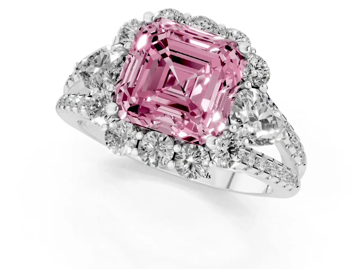 Fancy Pink Asscher Cut Halo Split Shank Diamond Engagement Ring with Prong Setting Silver