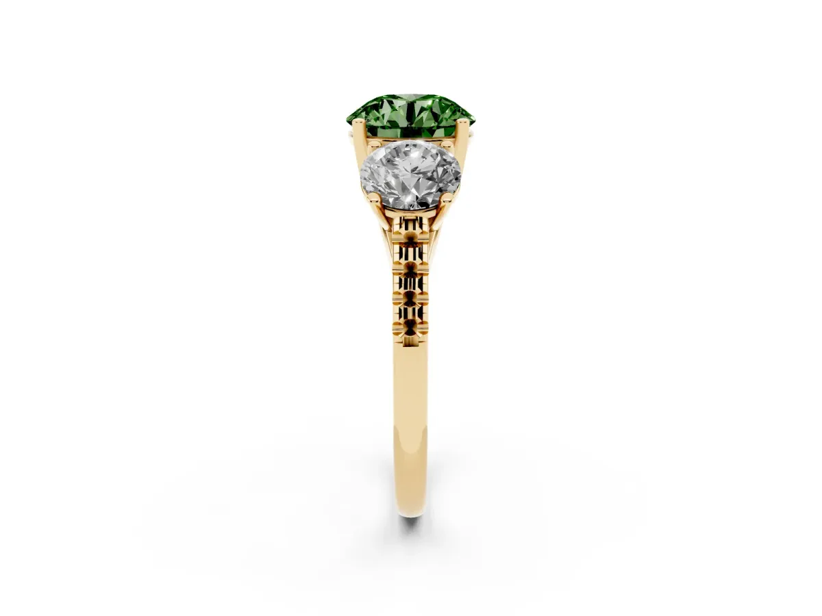 Fancy Green Three-Stone Round Cut Diamond Ring with Round Pavé Band and Prong Setting Yellow gold