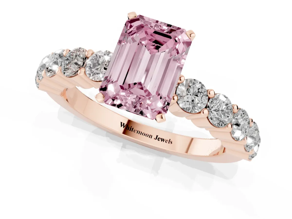 Fancy Pink Emerald Cut Diamond Solitaire Ring with Shared Prong Round Side Stones Rose gold