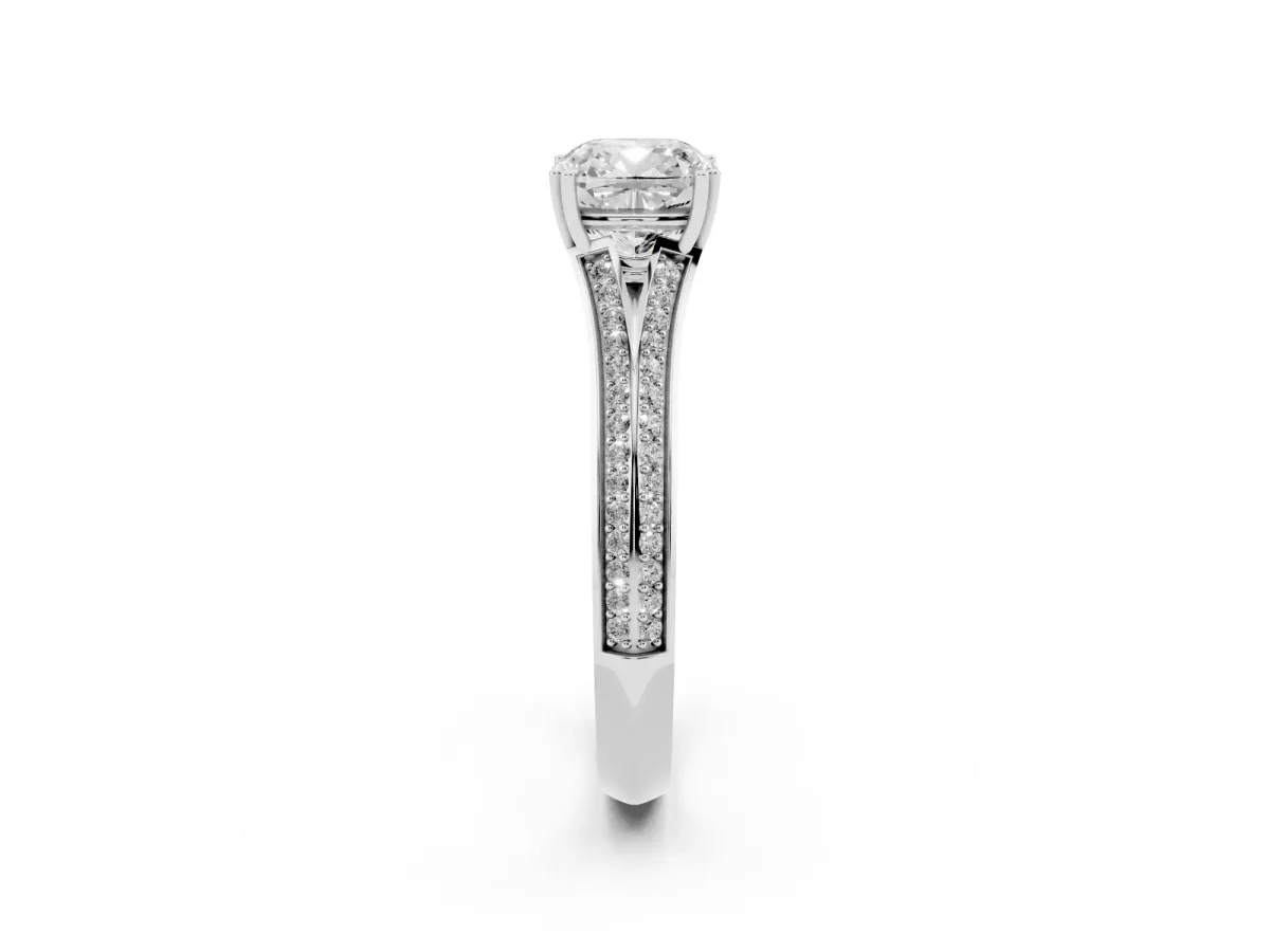 Cushion Cut Diamond Split Shank Engagement Ring with Pavé Band White gold