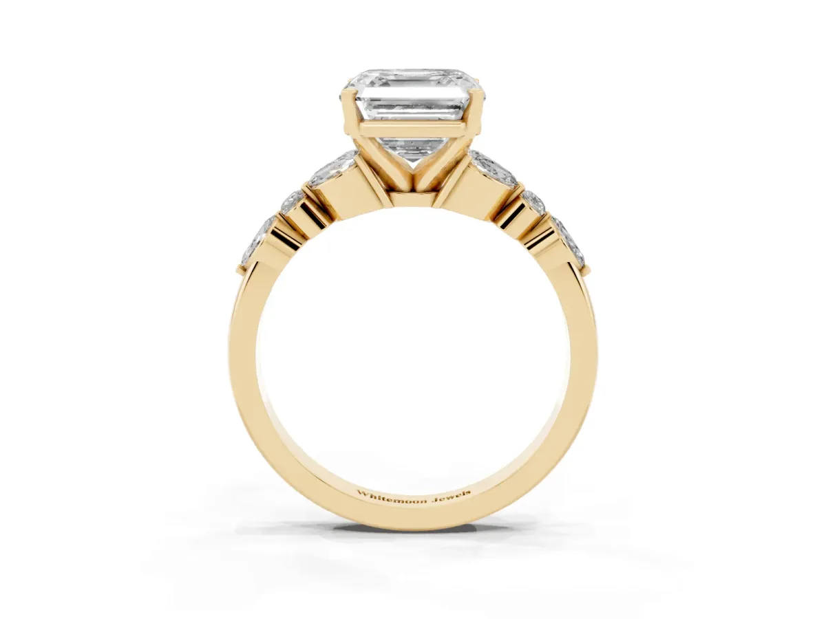 Asscher Cut Diamond Solitaire Ring with Side Stones and Four-Prong Setting Yellow gold