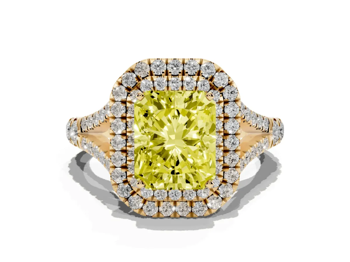 Fancy Yellow Radiant Cut Diamond Double Halo Ring with Split Shank and Prong Setting Yellow gold