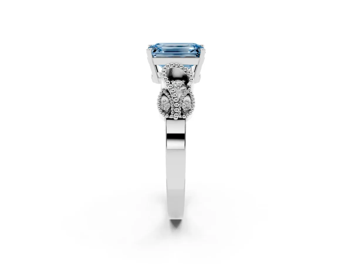 Fancy Blue Emerald Cut Solitaire Milgrain Leaf Band with Prong Setting Silver