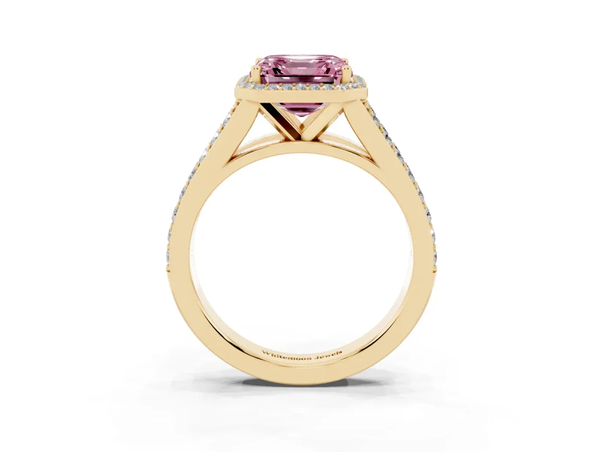 Fancy Pink Asscher Cut Diamond Split Shank Halo Ring with Four-Prong Setting Yellow gold