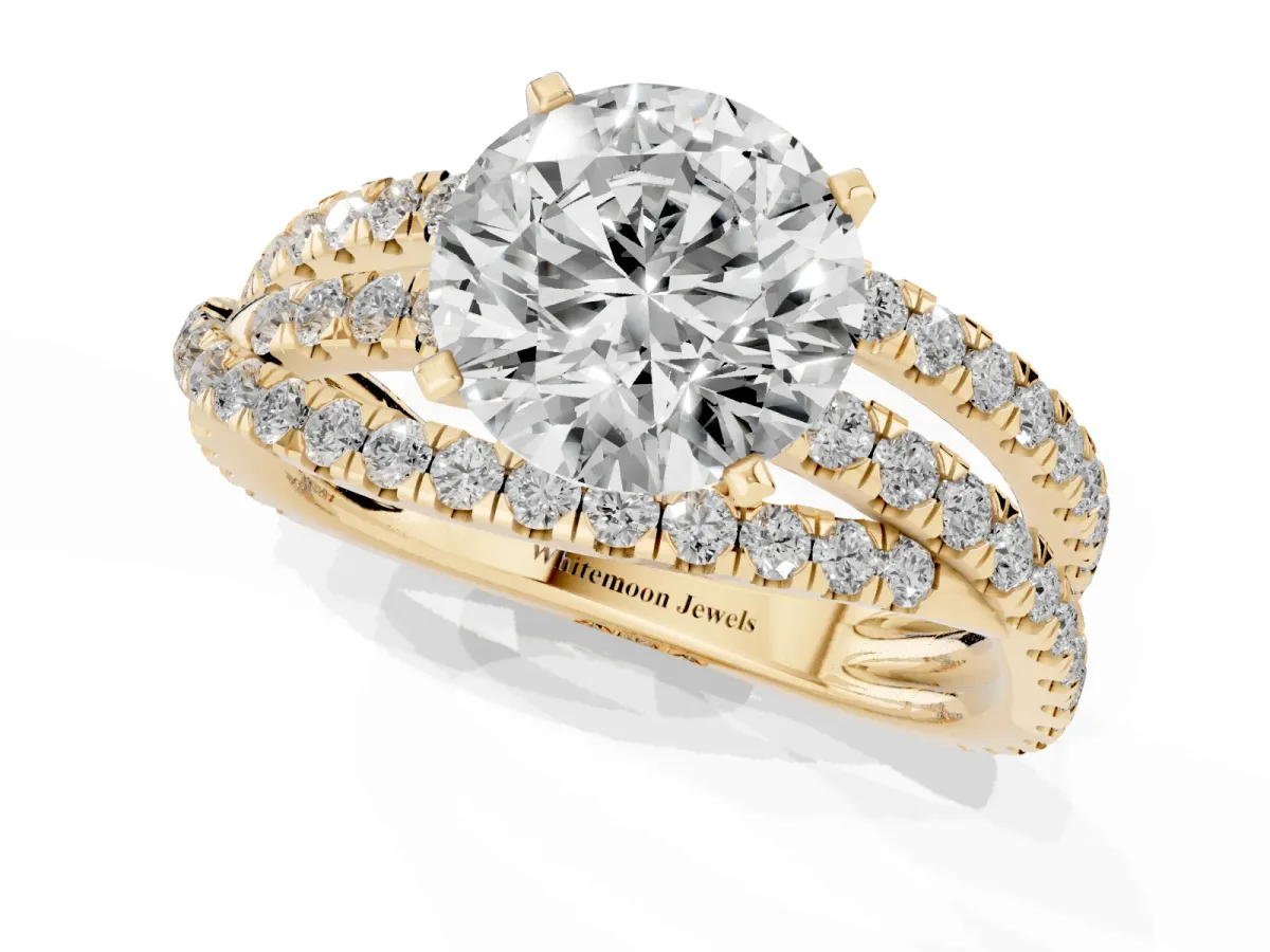 Round Cut Solitaire Twist Band with Pavé Setting and Four-Prong Setting Yellow gold