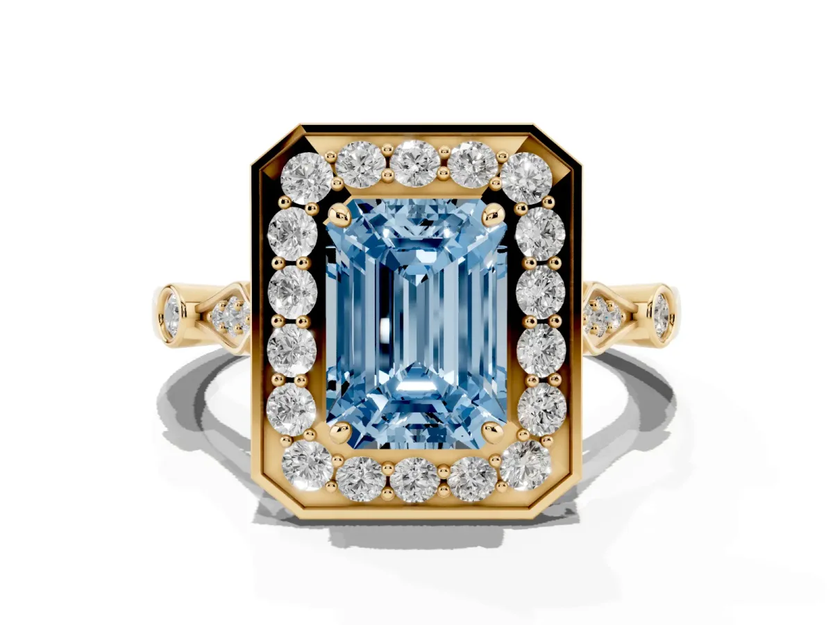 Fancy Blue Emerald Cut Halo Diamond Engagement Ring with Twisted Band and Four-Prong Setting Yellow gold