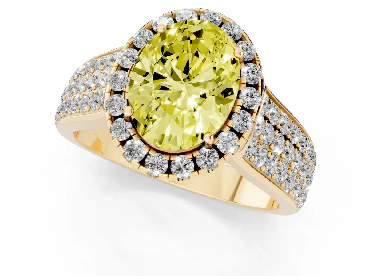 Fancy Yellow Oval Cut Halo Round Diamond Pave Band with Prong Setting Yellow gold