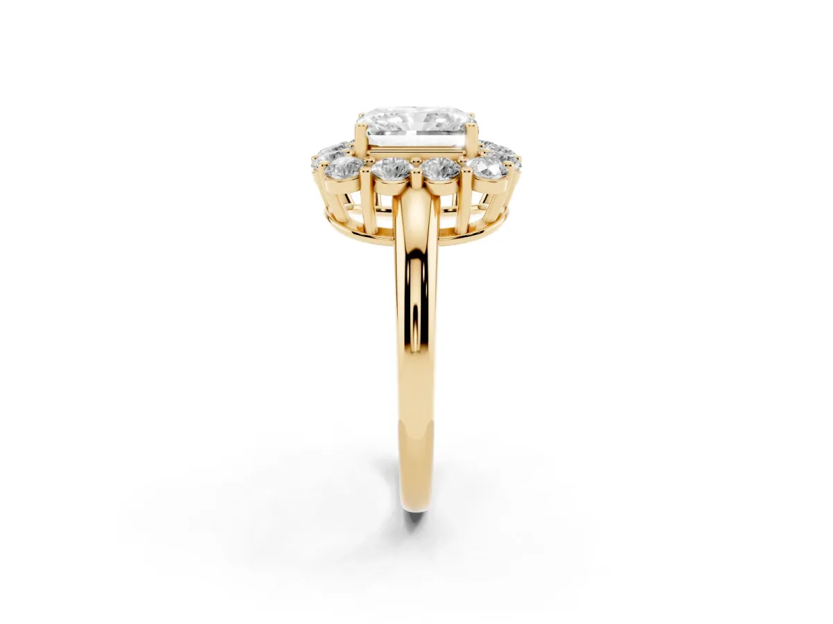 Radiant Cut Halo Cluster Diamond Engagement Ring with Prong Setting and Polished Band Yellow gold