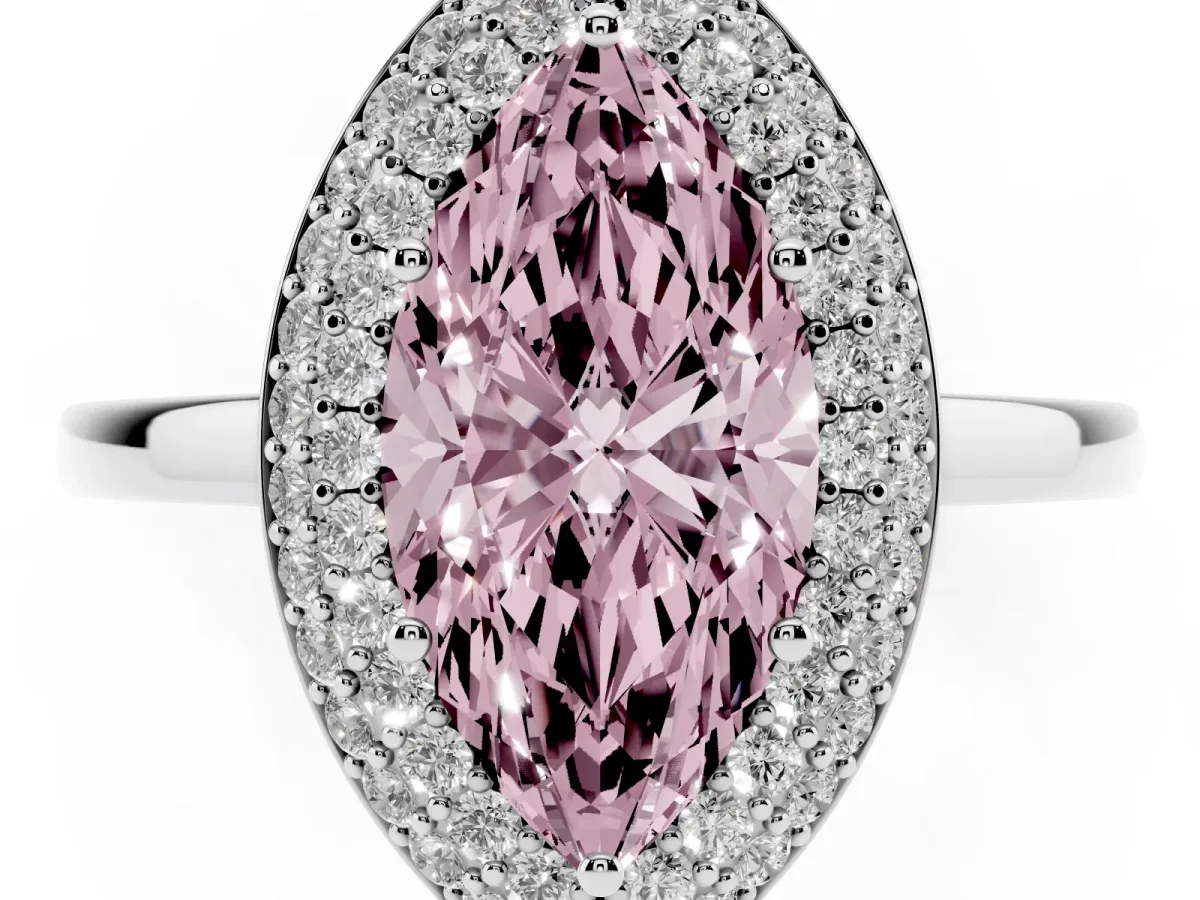 Fancy Pink Marquise Cut Halo Diamond Engagement Ring with Solitaire Band and Four-Prong Setting Platinum