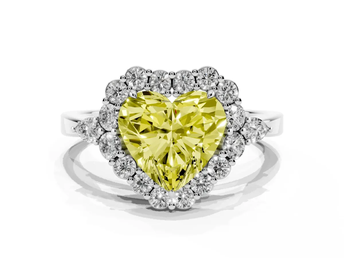 Fancy Yellow Heart Cut Diamond Halo Ring with Pear Side Stones and Prong Setting Silver