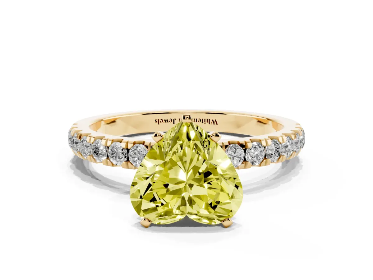 Fancy Yellow Heart Cut Diamond Solitaire Ring with Pavé Accents and Four-Prong Setting Yellow gold