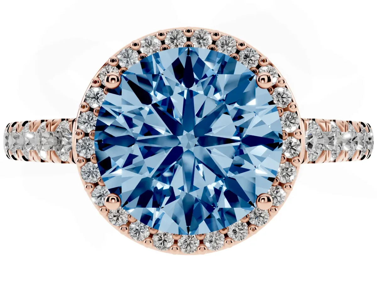 Fancy Blue Round Cut Cut Halo Diamond Engagement Ring with Pave Band and Four-Prong Setting Rose gold