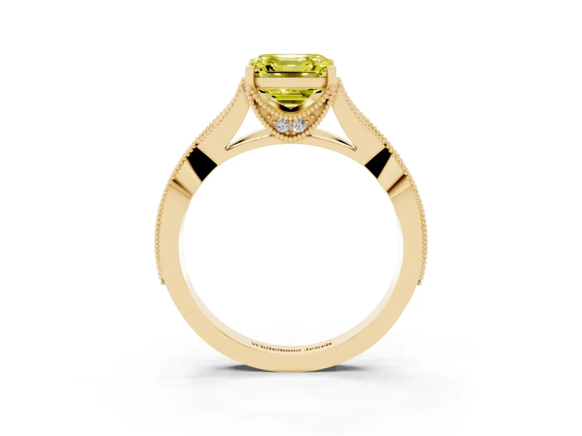 Fancy Yellow Asscher Cut Cut Diamond Twisted Band with Milgrain Pave Setting and Four-Prong Setting Yellow gold