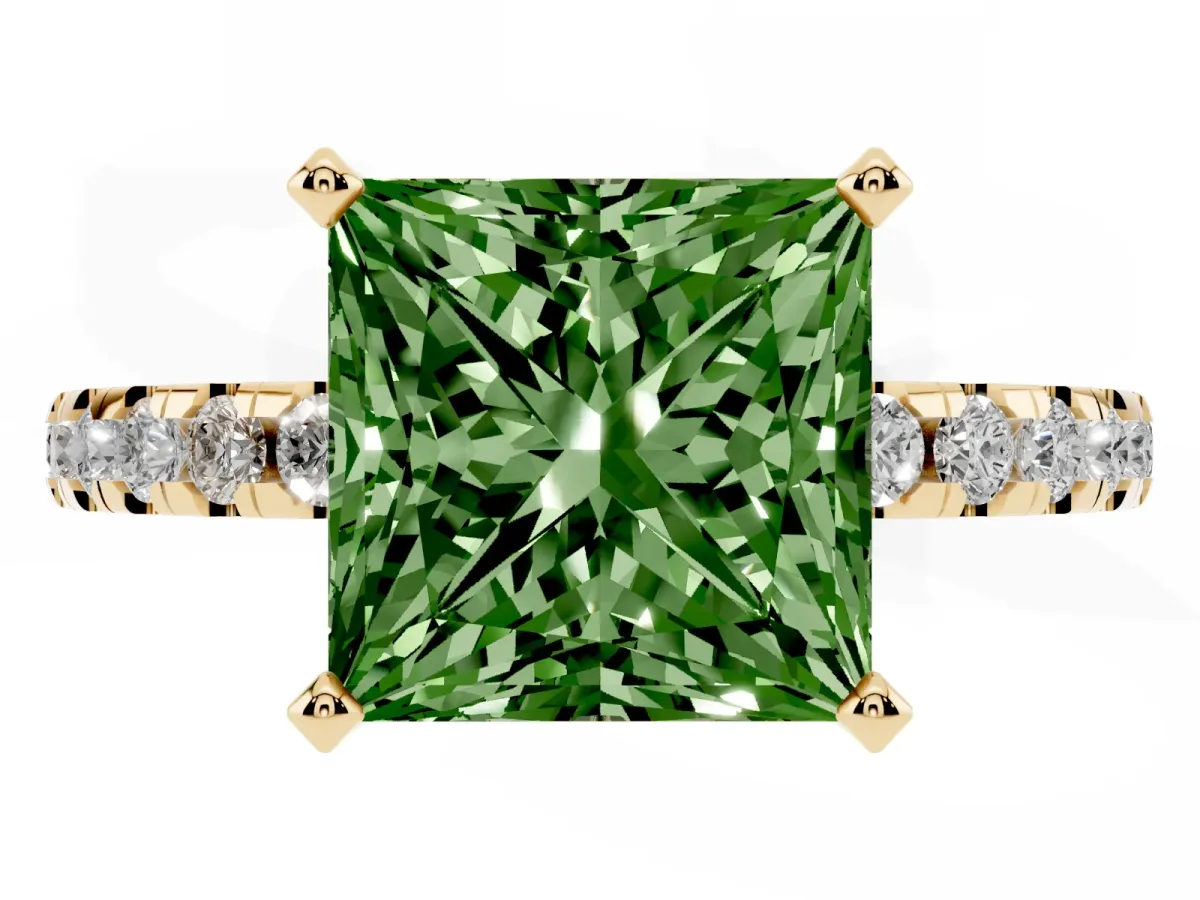 Fancy Green Princess Cut Diamond Solitaire Ring with Round Pavé Band and Four-Prong Setting Yellow gold