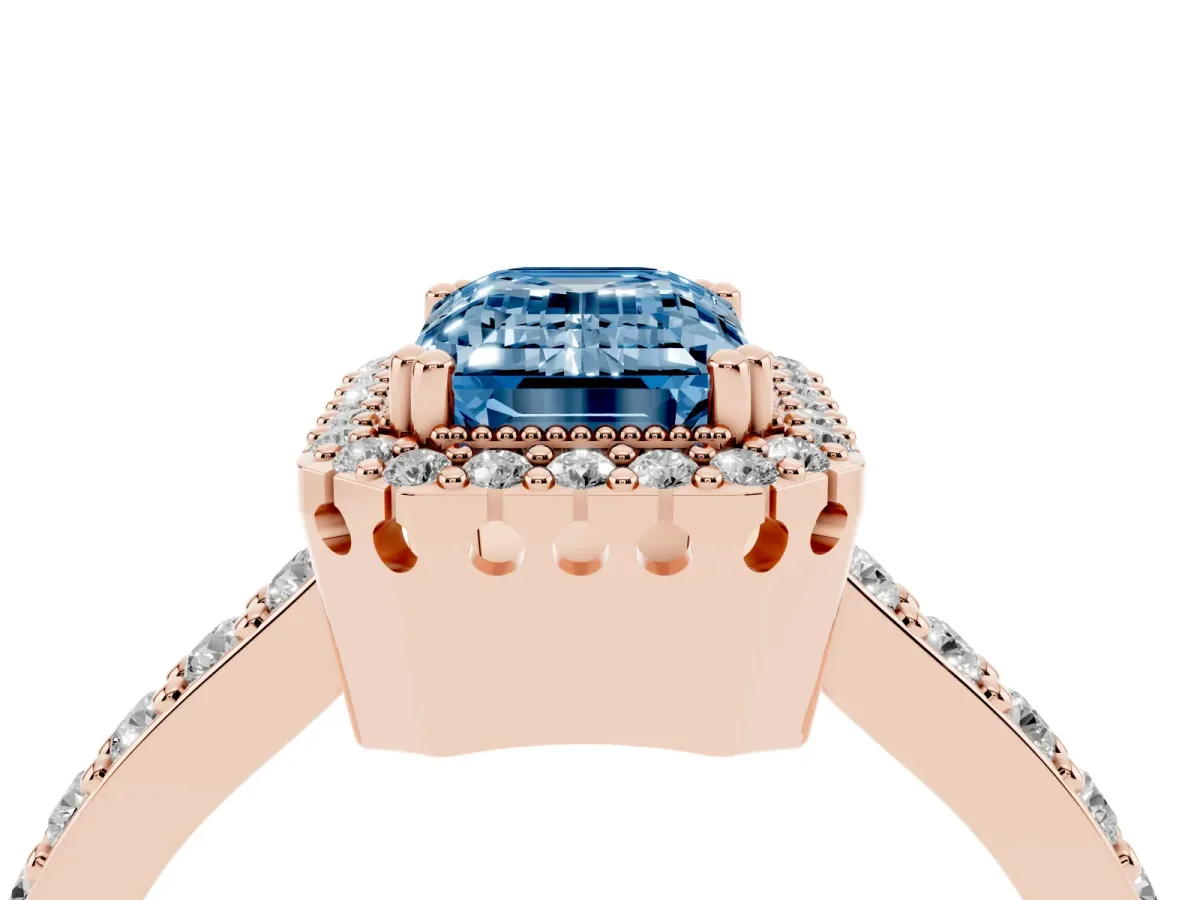 Fancy Blue Emerald Cut Cut Diamond Halo Engagement Ring with Milgrain Detail and Pavé Band Rose gold