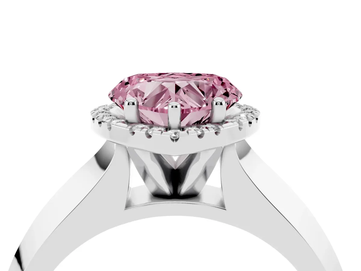 Fancy Pink Heart Cut Halo Diamond Ring with Cathedral Band and Four-Prong Setting Silver
