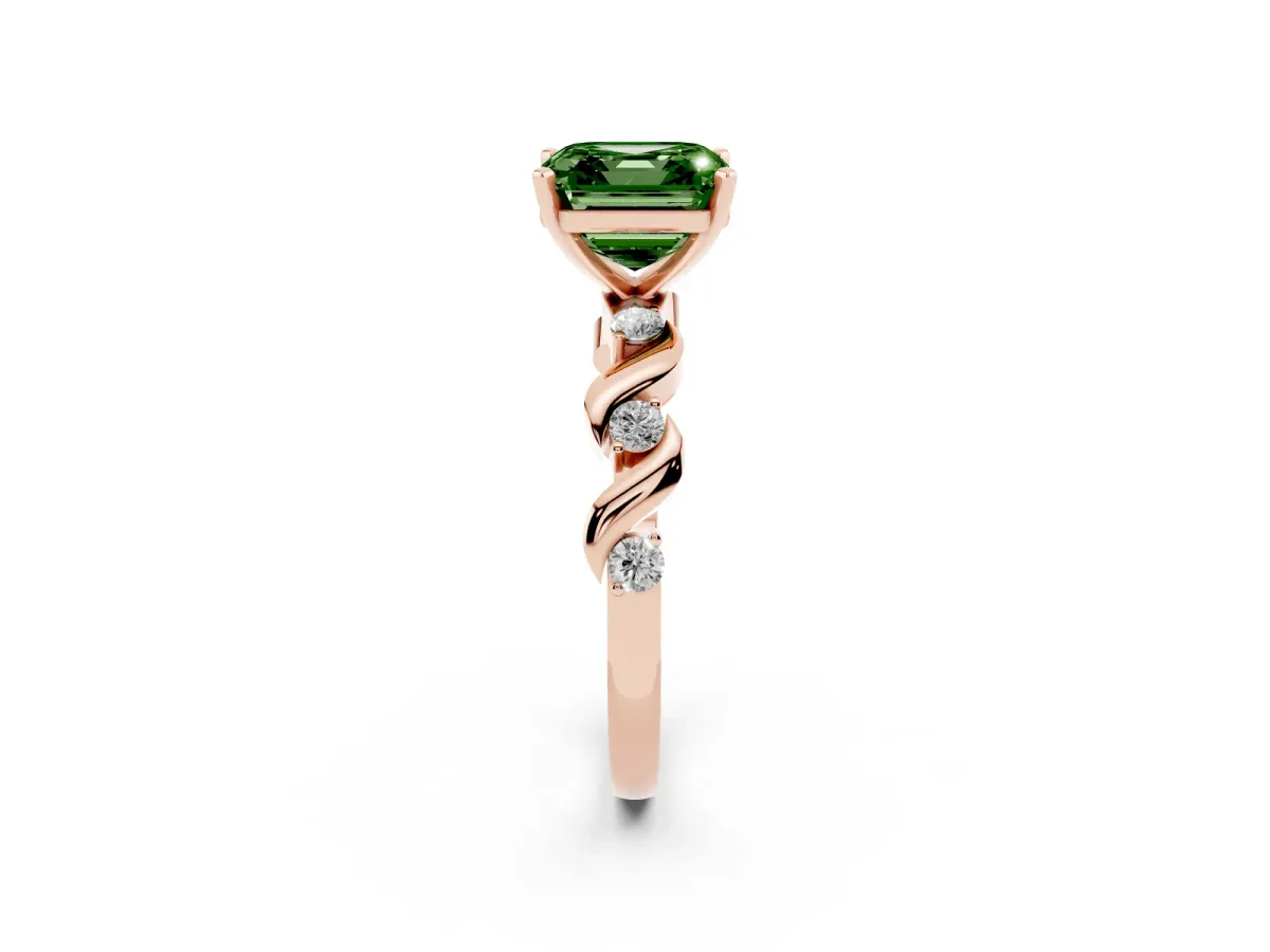 Fancy Green Asscher Cut Diamond Solitaire Twisted Band with Round Accents and Prong Setting Rose gold