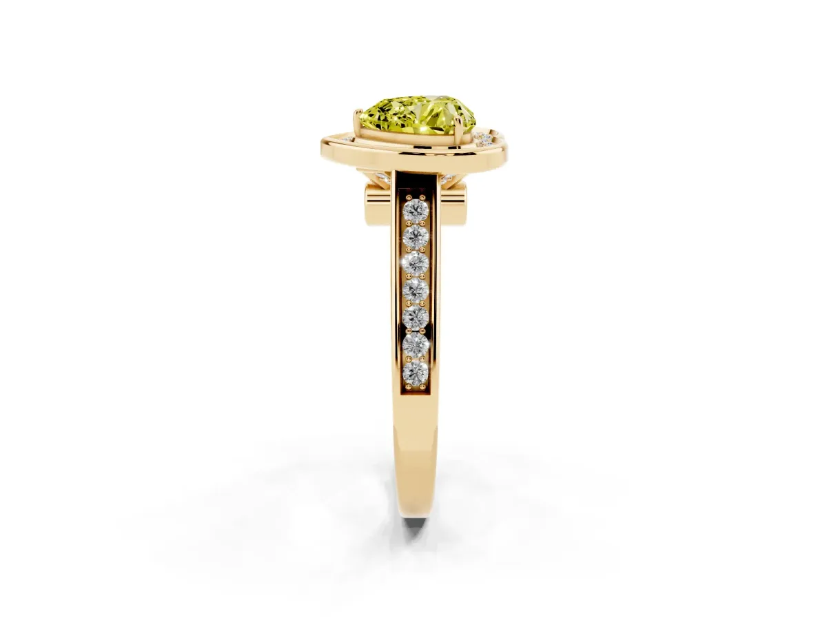 Fancy Yellow Heart Cut Halo Solitaire Diamond Ring with Pave Band and Bezel Setting Yellow gold