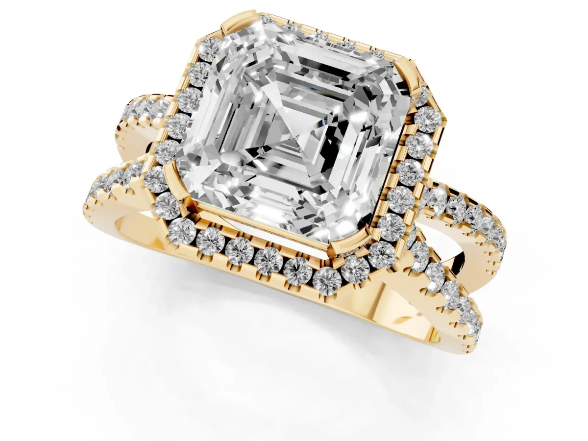 Asscher Cut Diamond Halo Ring with Split Shank Pavé Band and Prong Setting Yellow gold