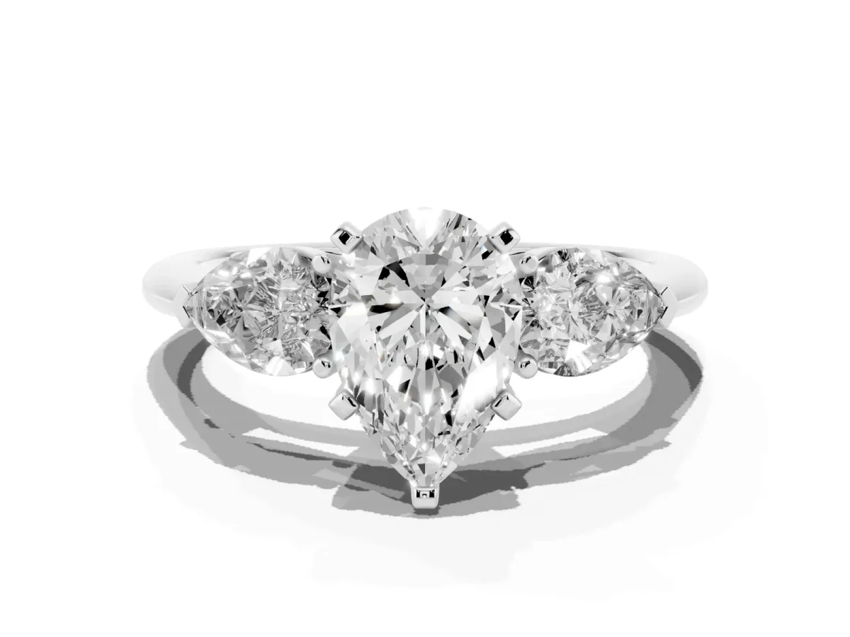 Three-Stone Pear Cut Diamond Ring with Pear Side Stones and Four-Prong Setting Silver