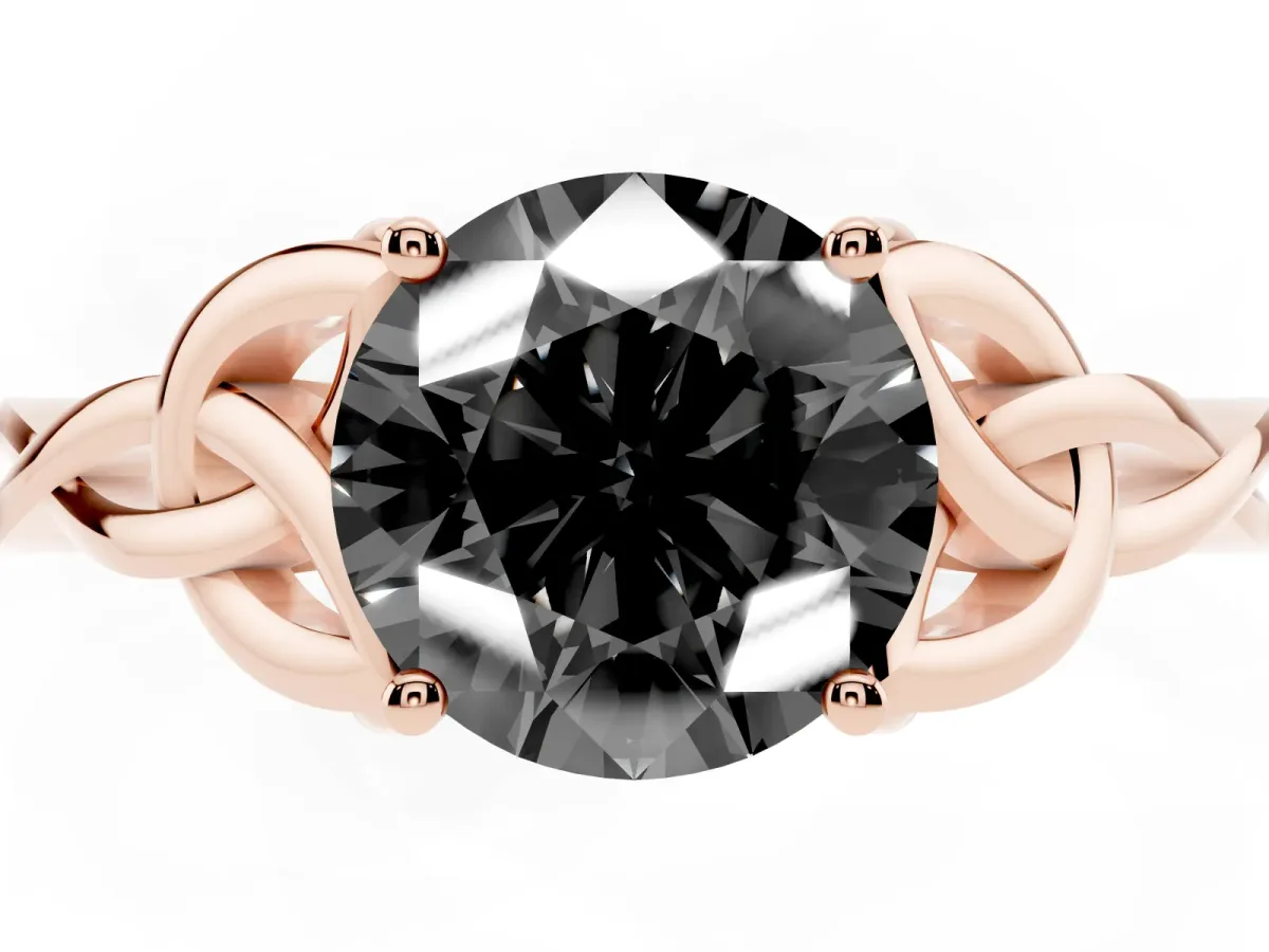 Fancy Black Round Cut Diamond Solitaire Engagement Ring with Celtic Knot Band and Four-Prong Setting Rose gold