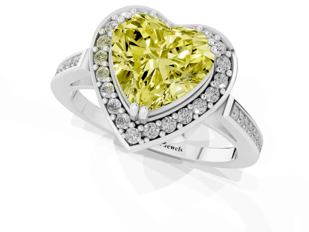 Fancy Yellow Heart Cut Diamond Halo Ring with Split Shank and Four-Prong Setting Silver