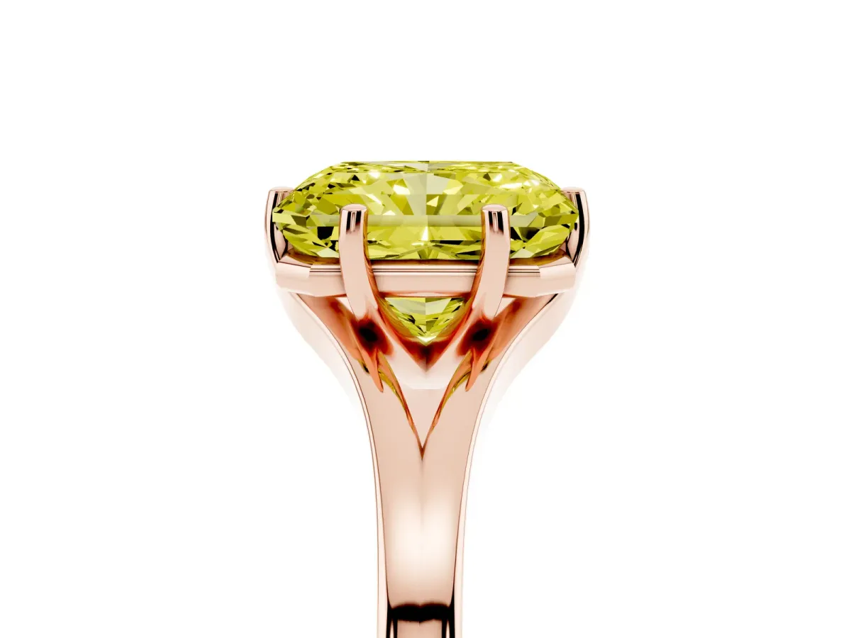 Fancy Yellow Radiant Cut Solitaire Diamond Ring with Six-Prong Setting and Tapered Band Rose gold