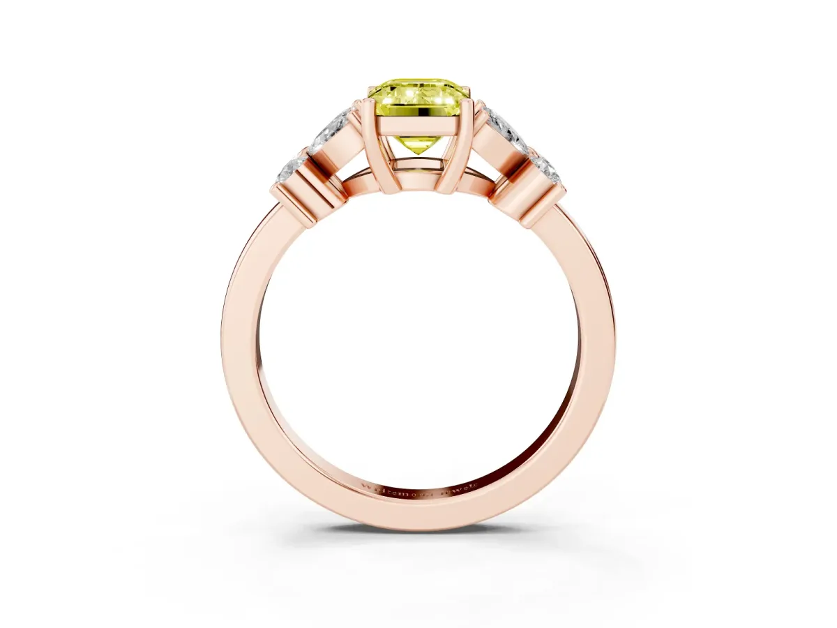 Fancy Yellow Emerald Cut Diamond Floral Cluster Ring with Solitaire Band and Prong Setting Rose gold