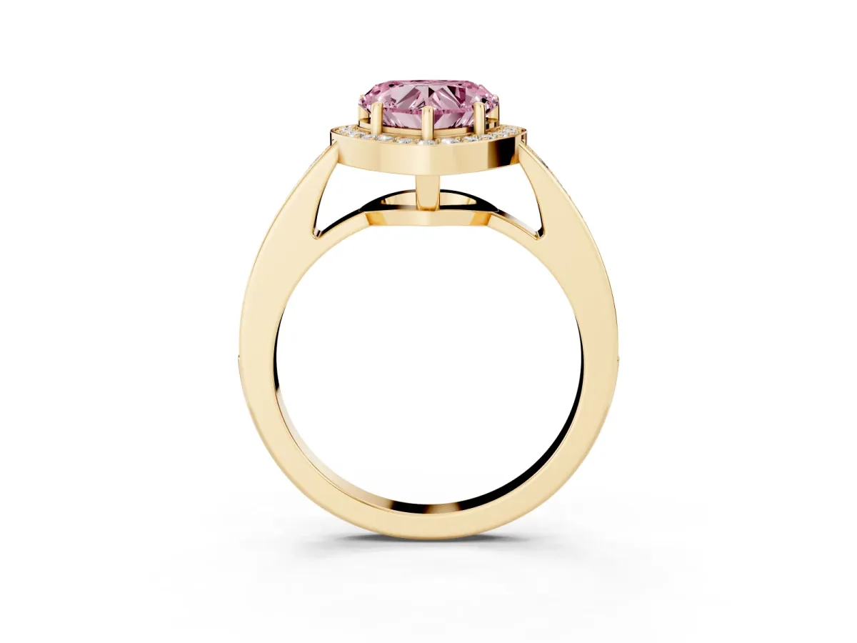 Fancy Pink Heart Cut Halo Pavé Diamond Engagement Ring with Bezel Setting Yellow gold