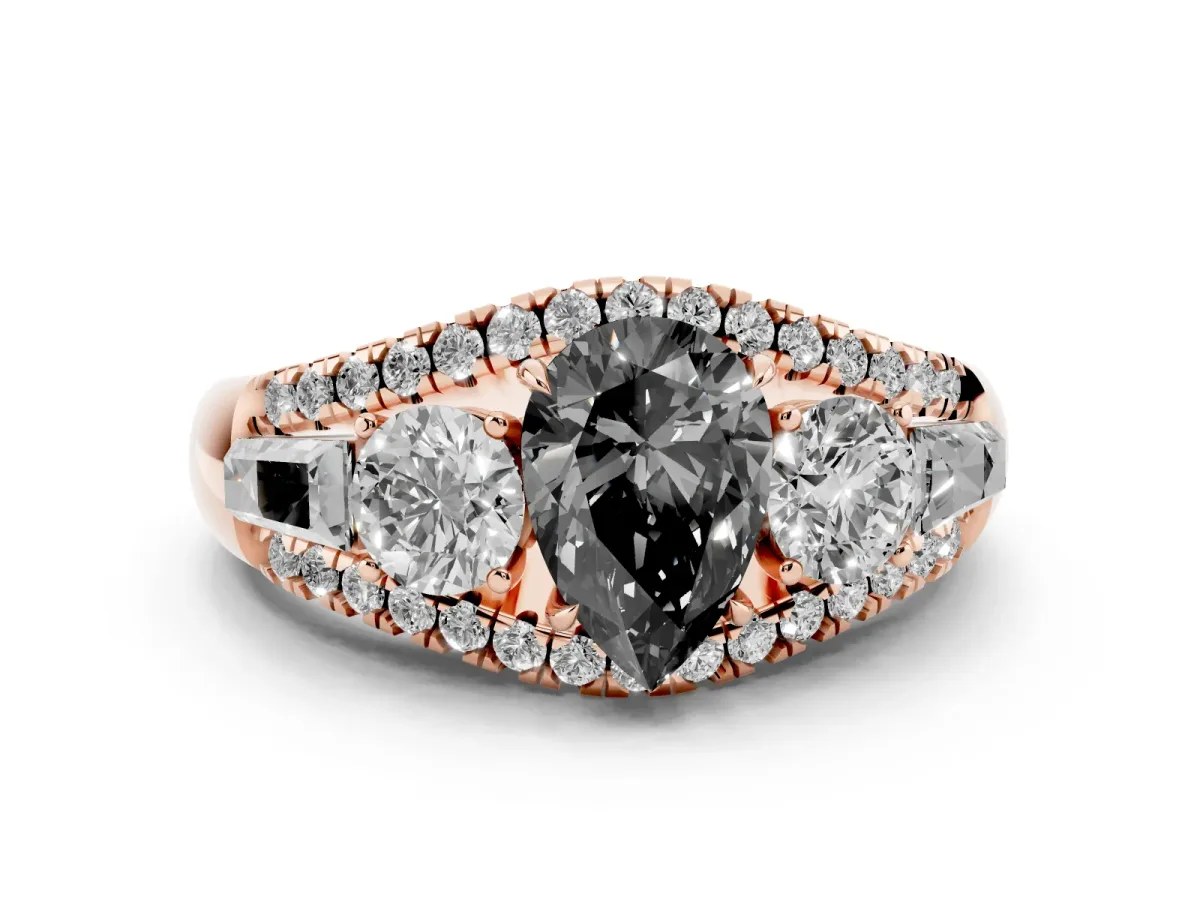 Fancy Black Three-Stone Pear Cut Diamond Engagement Ring with Pave Band and Prong Setting Rose gold