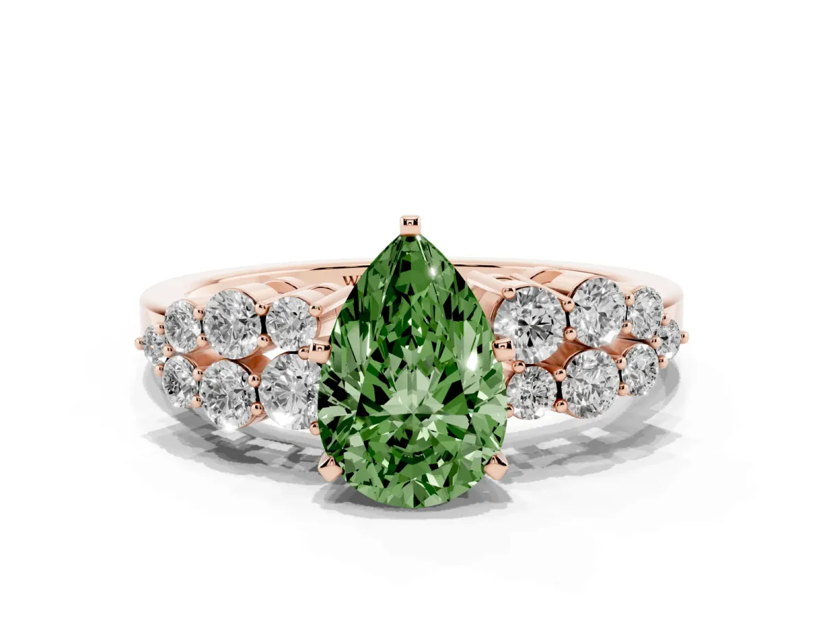 Fancy Green Pear Cut Cluster Diamond Engagement Ring with Pavé Band and Four-Prong Setting Rose gold