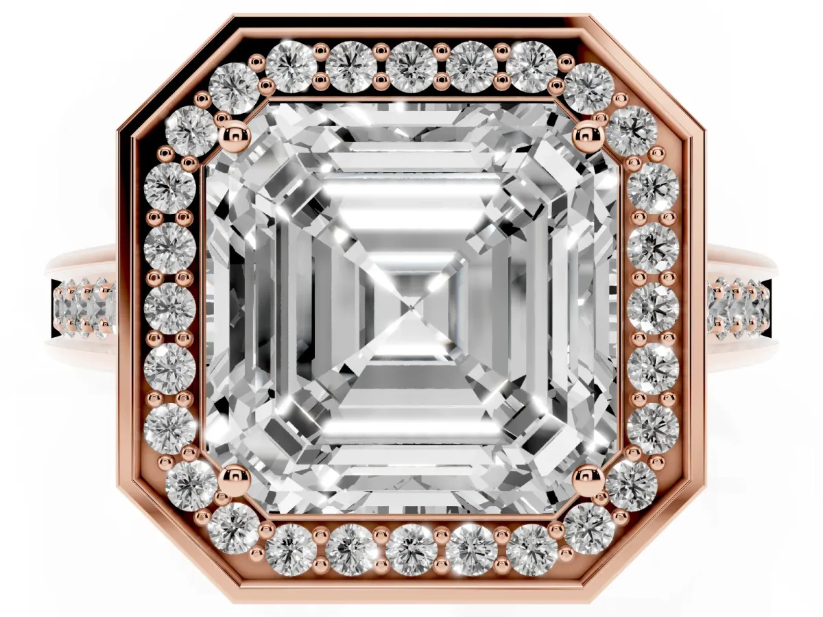 Asscher Cut Halo Solitaire Diamond Ring with Pave Band and Bezel Setting Rose gold