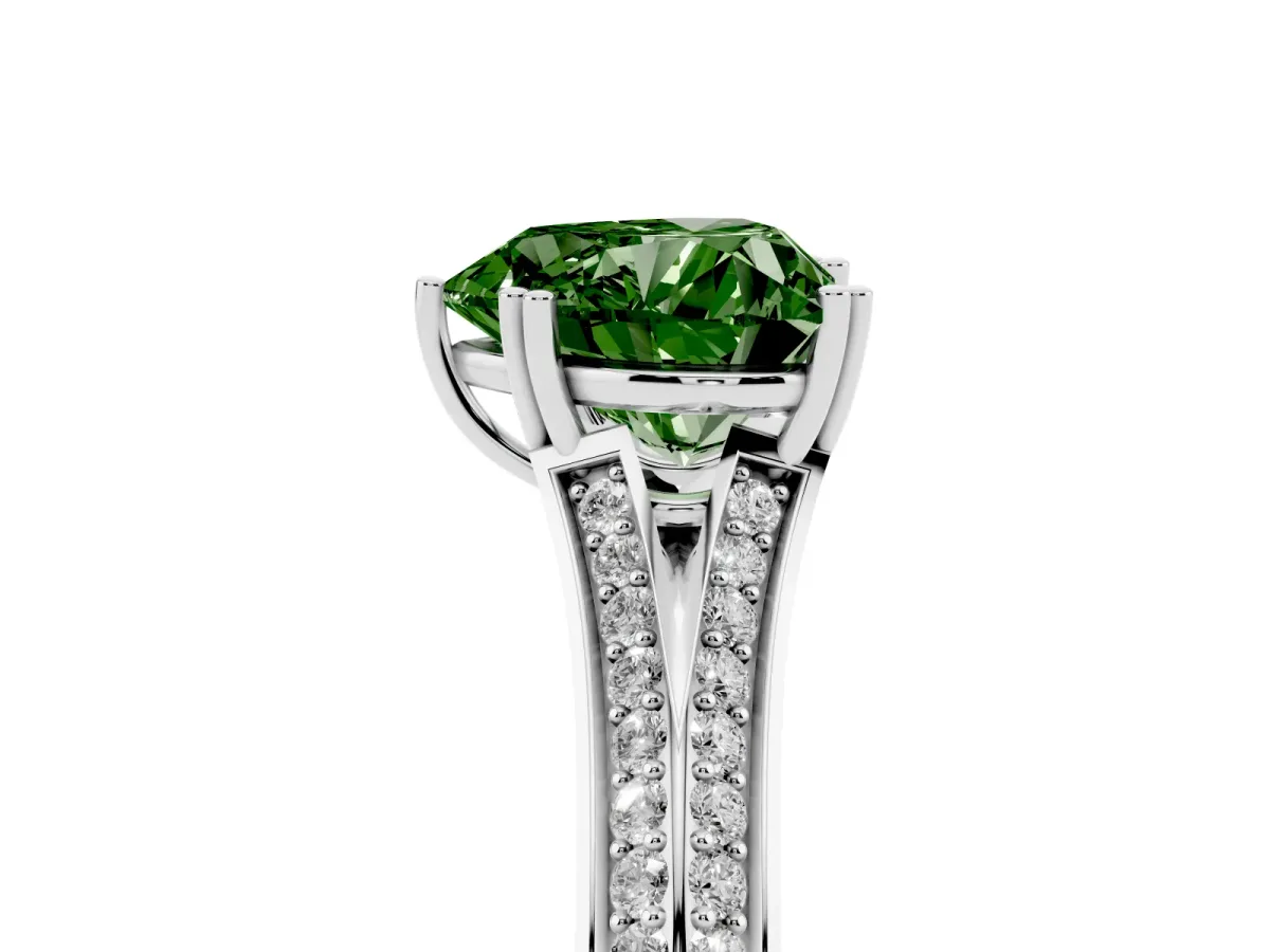 Fancy Green Heart Cut Diamond Split Shank Engagement Ring with Pavé Band Silver