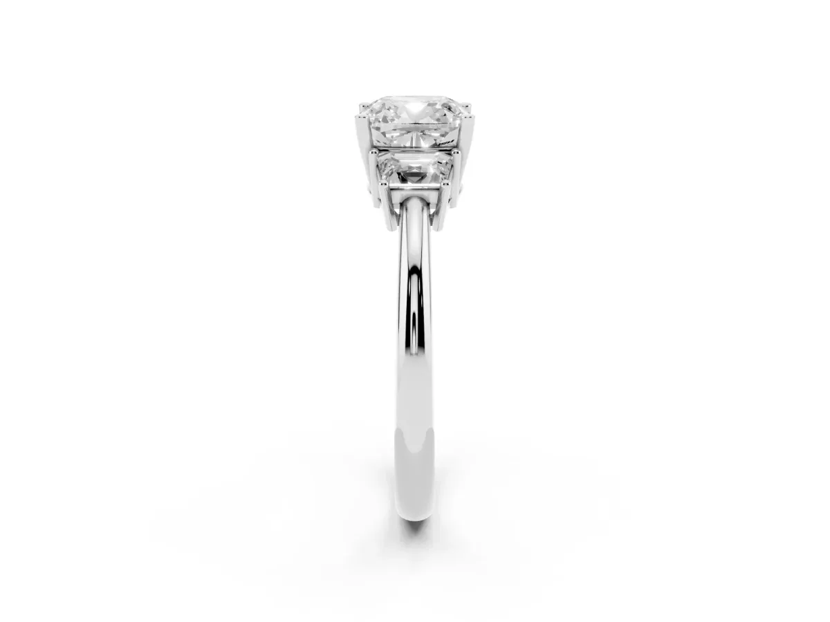 Cushion Cut Diamond Three-Stone Ring with Trapezoid Side Stones and Prong Setting Silver