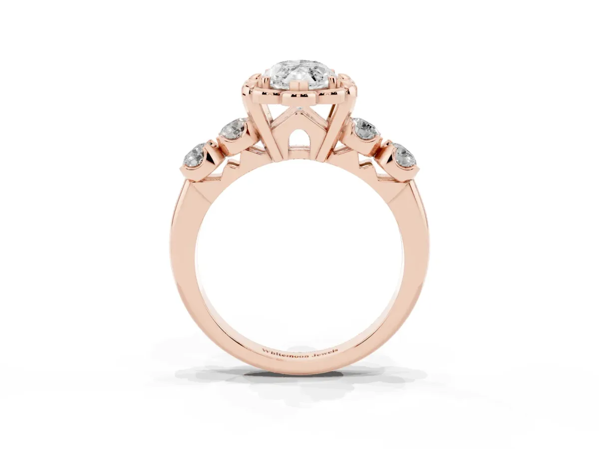 Marquise Cut Cut Diamond Floral Halo Engagement Ring with Shared Prong Setting Rose gold