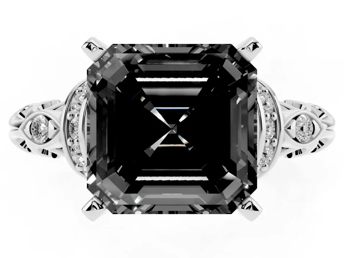 Fancy Black Asscher Cut Diamond Solitaire Ring with Filigree Band and Four-Prong Setting Silver