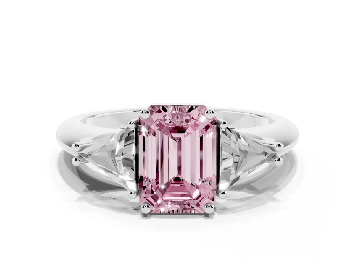 Fancy Pink Three-Stone Emerald Cut Diamond Engagement Ring with Trillion Side Stones and Prong Setting Silver