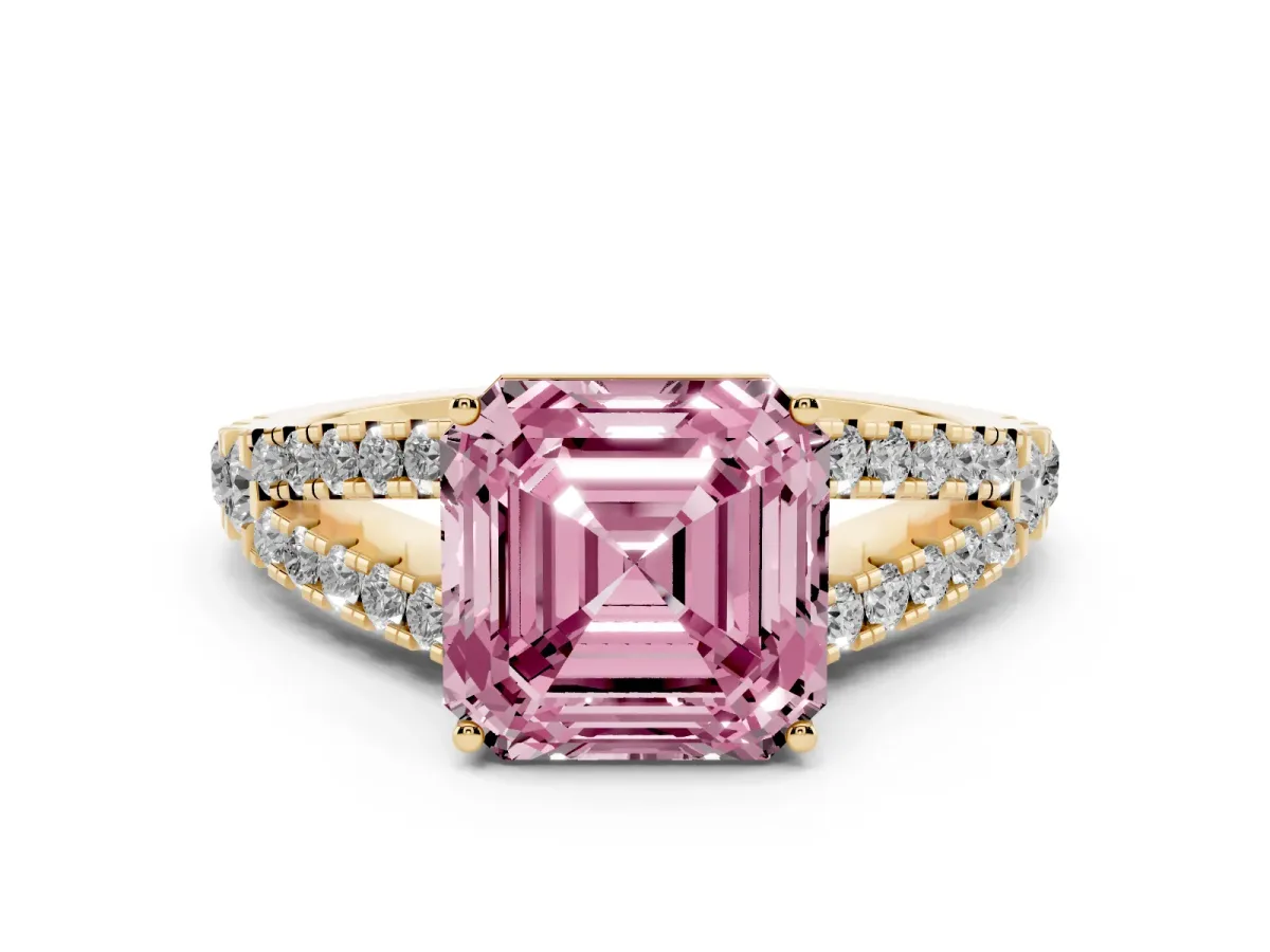 Fancy Pink Asscher Cut Diamond Split Shank Pavé Engagement Ring with Four-Prong Setting Yellow gold